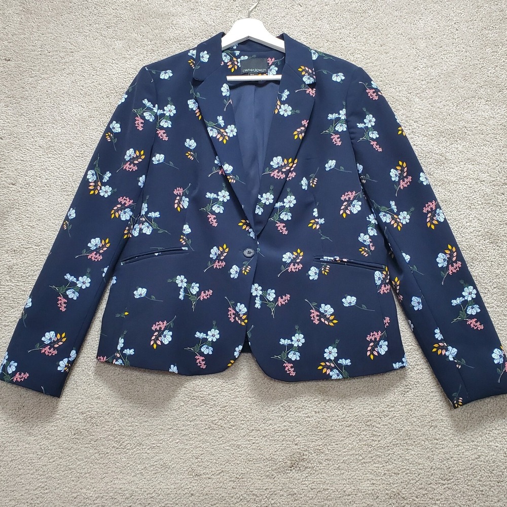 Cynthia Rowley Blazer Jacket Women XL Navy Floral Preppy Cottage Academia Office